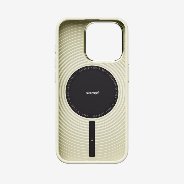 Phone case with a textured design, MagSafe compatibility, and a circular black center logo.