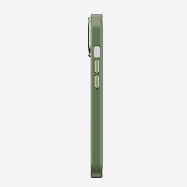 Slim green phone case showing side view with buttons and cutouts for camera and ports.