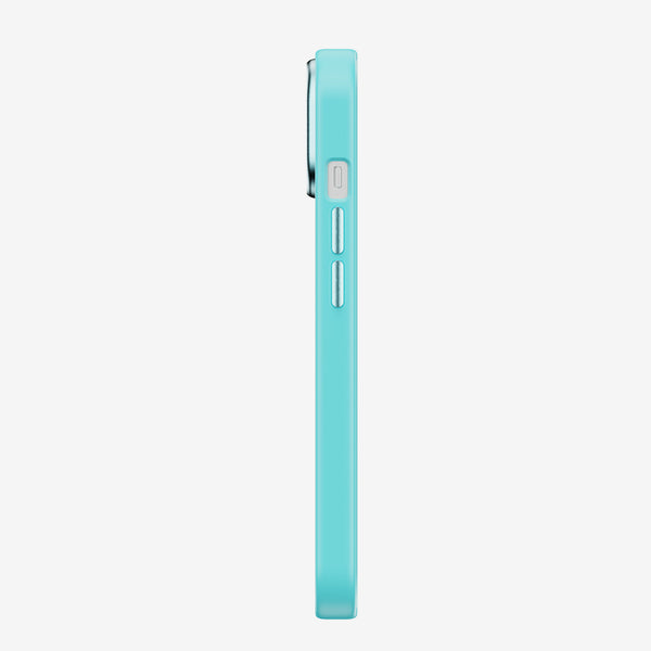Side view of a turquoise phone case with buttons and cutouts for camera and ports.