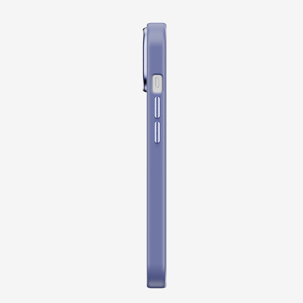 Side view of a purple snap case with buttons and cutouts for a smartphone.