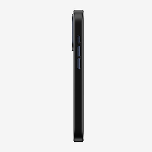 Black snap case viewed from the side, showing buttons and slim profile.