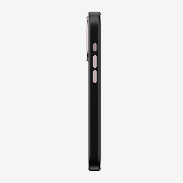 Black snap case shown from the side, featuring buttons and a slim profile.