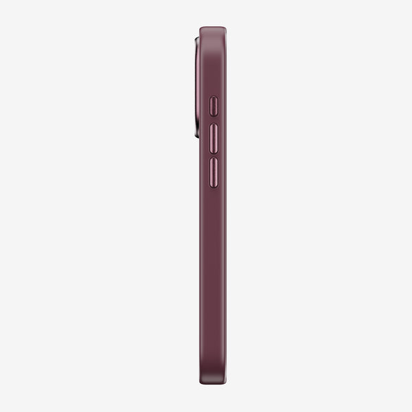 Side view of a slim, burgundy phone case with button cutouts.