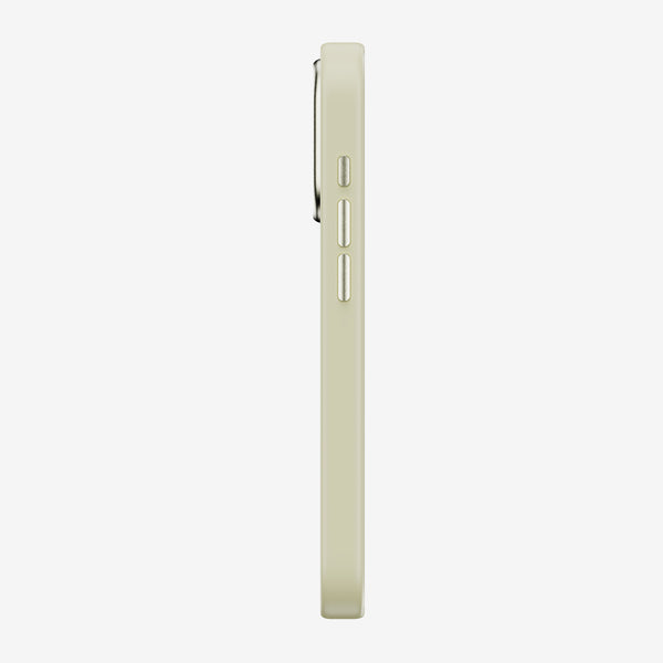 Side view of a light-colored phone case with buttons visible on the side.