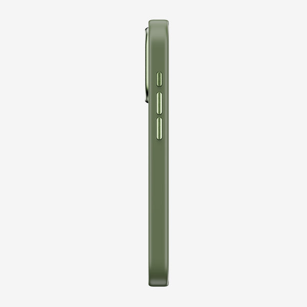 Side view of a green phone case with buttons visible on the left side.