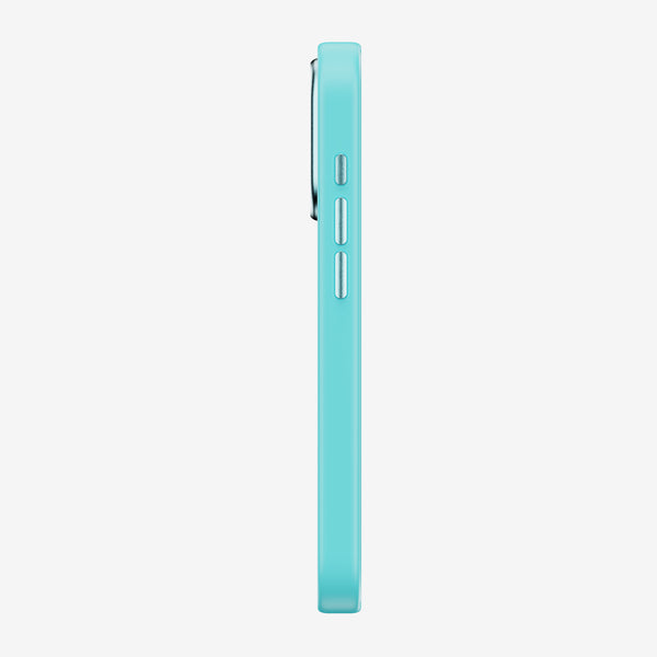 Side view of a turquoise phone case with button cutouts and a slim profile.