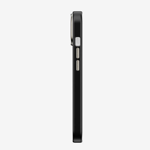 Black snap case shown from the side, featuring buttons and a slim profile.