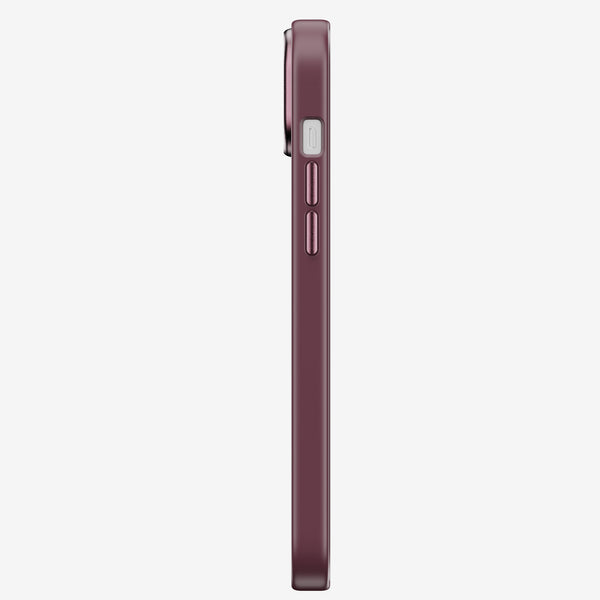 Side view of a slim, burgundy phone case with buttons and a textured finish.