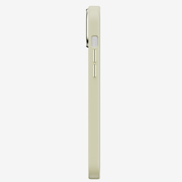 Side view of a slim, light-colored phone case with buttons and a cutout for the camera.