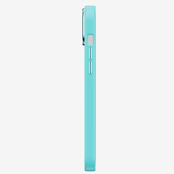 Side view of a turquoise phone case with buttons visible on the right side.