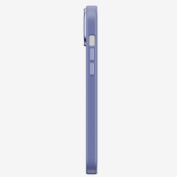 Side view of a slim purple phone case with buttons and cutouts for ports.