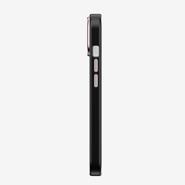 Black snap case shown from the side, featuring buttons and a slim profile.