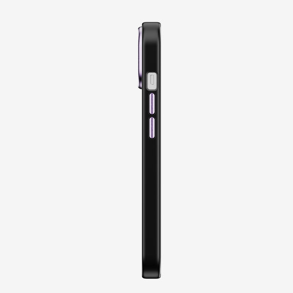 Black snap case for a smartphone, showing side view with buttons and a slim profile.