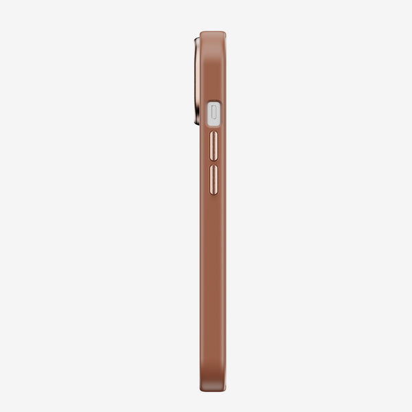 Side view of a slim, brown phone case with buttons and cutouts for ports.