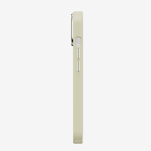 Side view of a slim, light-colored phone case with buttons visible on the side.