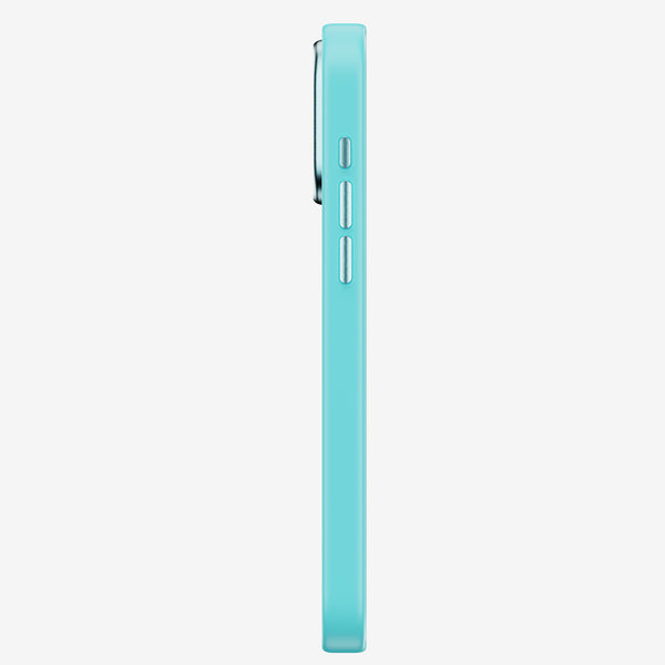 Side view of a turquoise phone case with buttons and a slim profile.