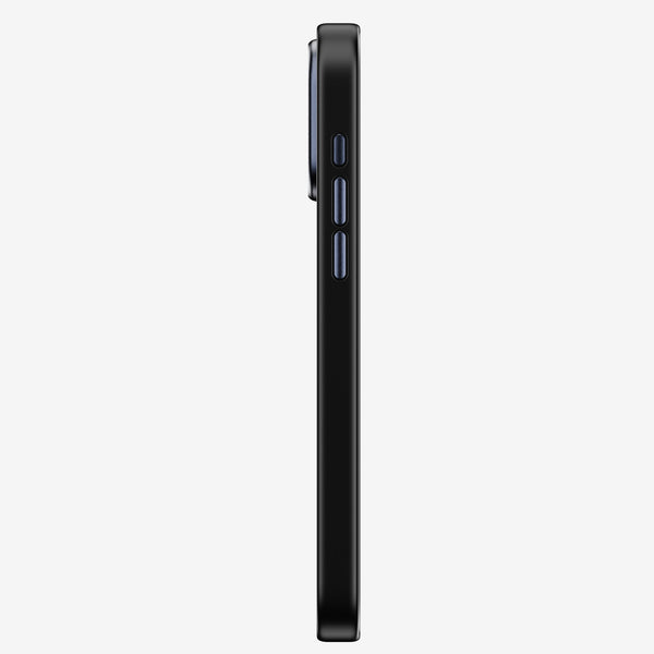 Black snap case shown from the side, featuring buttons and a slim profile.