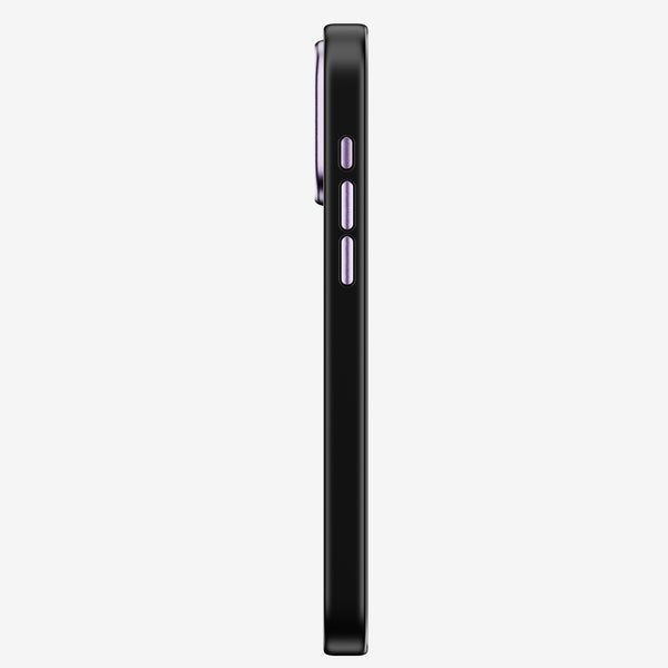 Black snap case for a phone, showing side view with buttons and a slim profile.