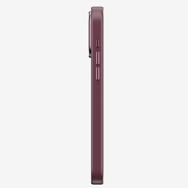 Side view of a slim, burgundy phone case with button cutouts for volume and power.