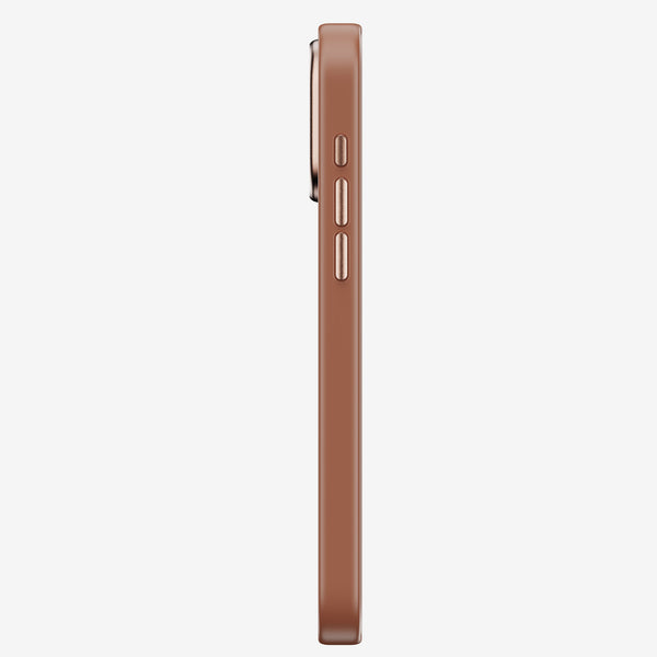 Side view of a brown phone case with buttons visible on the side.