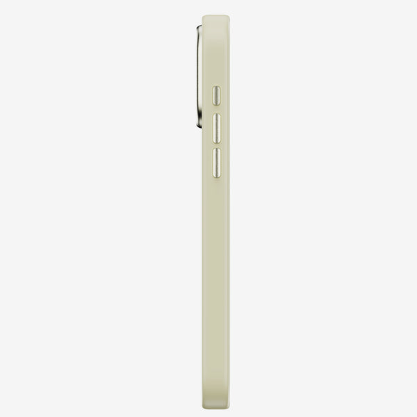 Side view of a slim, light-colored phone case with button cutouts.