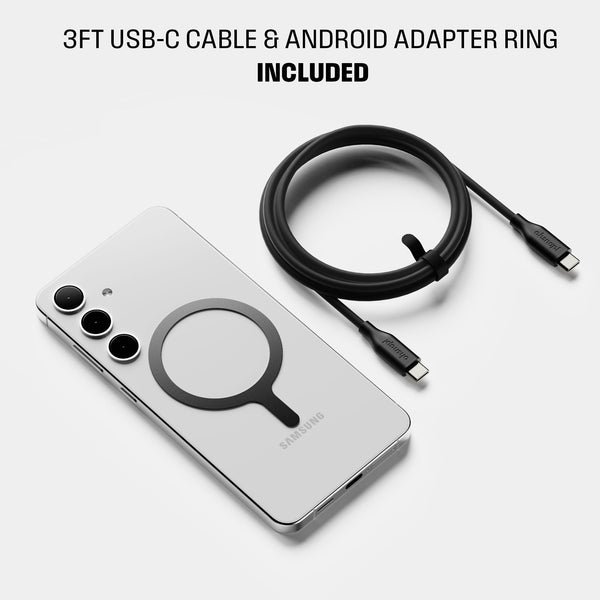 3ft USB-C cable and Android adapter ring next to a smartphone with a circular design on the back.