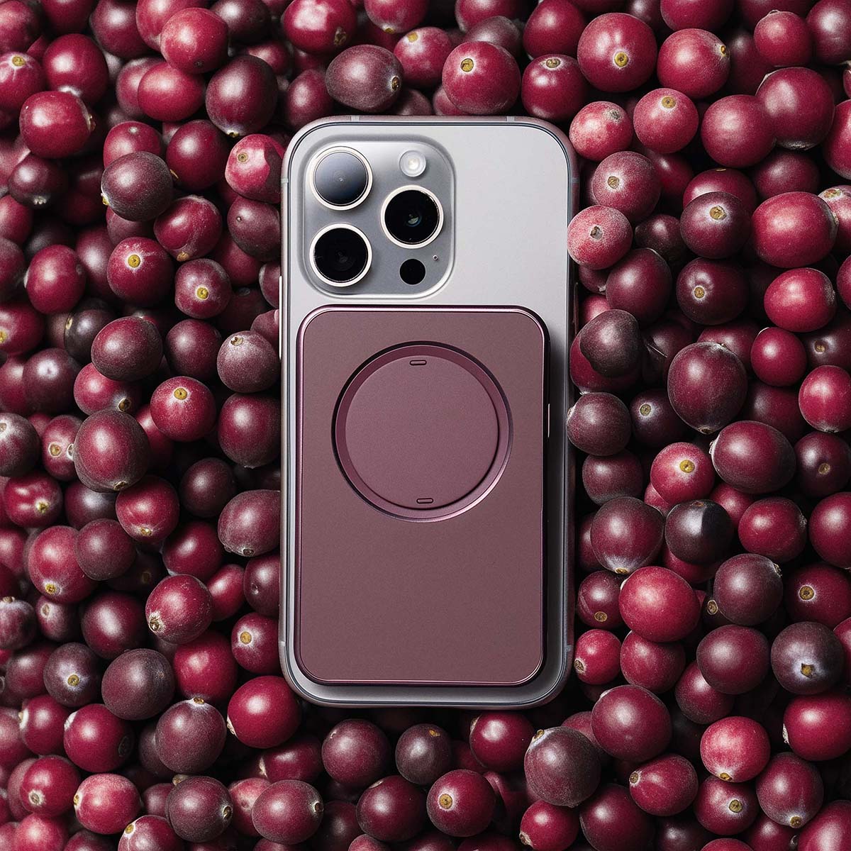Compact wallet in a burgundy color with a circular magnetic attachment on the front.