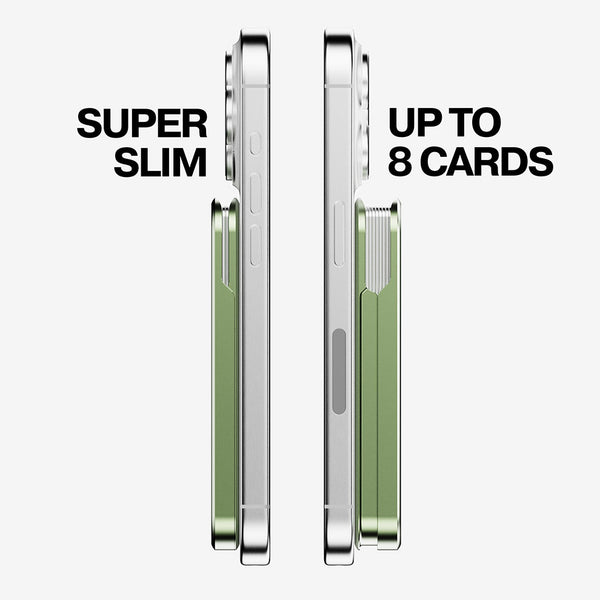 Two wallets shown side by side, one slim and one with a green card holder, each capable of holding up to 8 cards.