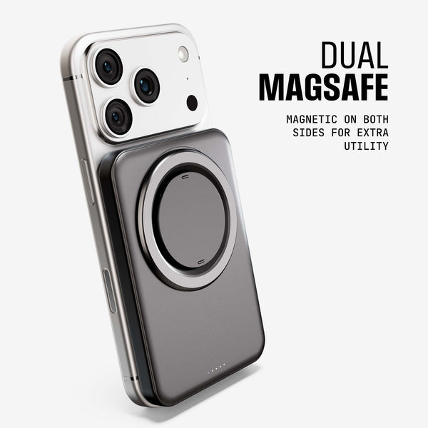 Magnetic charging accessory with a circular pad, designed for dual-sided use on compatible devices.