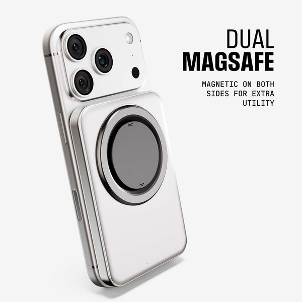 Magnetic accessory with a circular charging pad, designed for dual MagSafe compatibility on both sides.