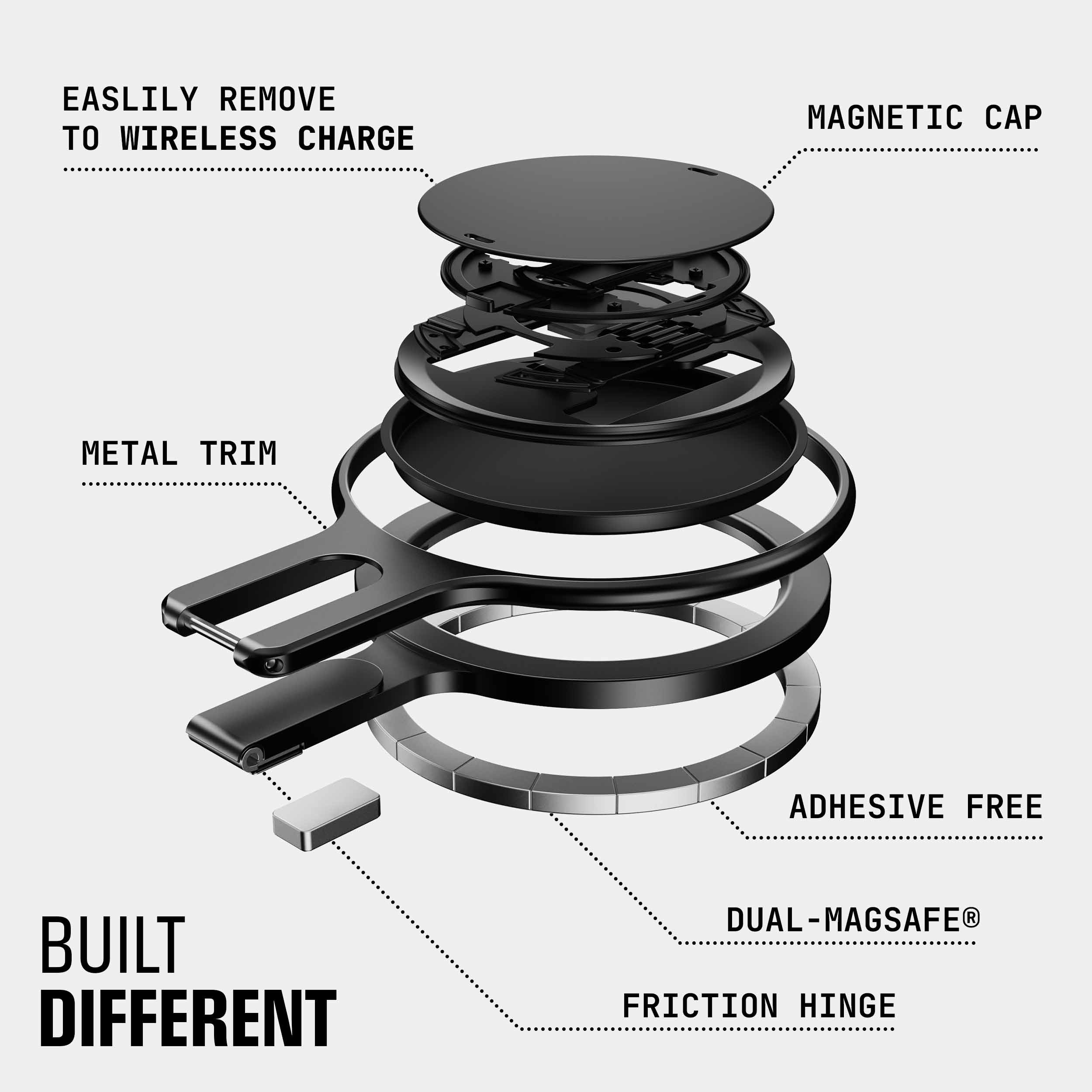 Exploded view of the Snap Grip Stand showing components like a magnetic cap, metal trim, and friction hinge.