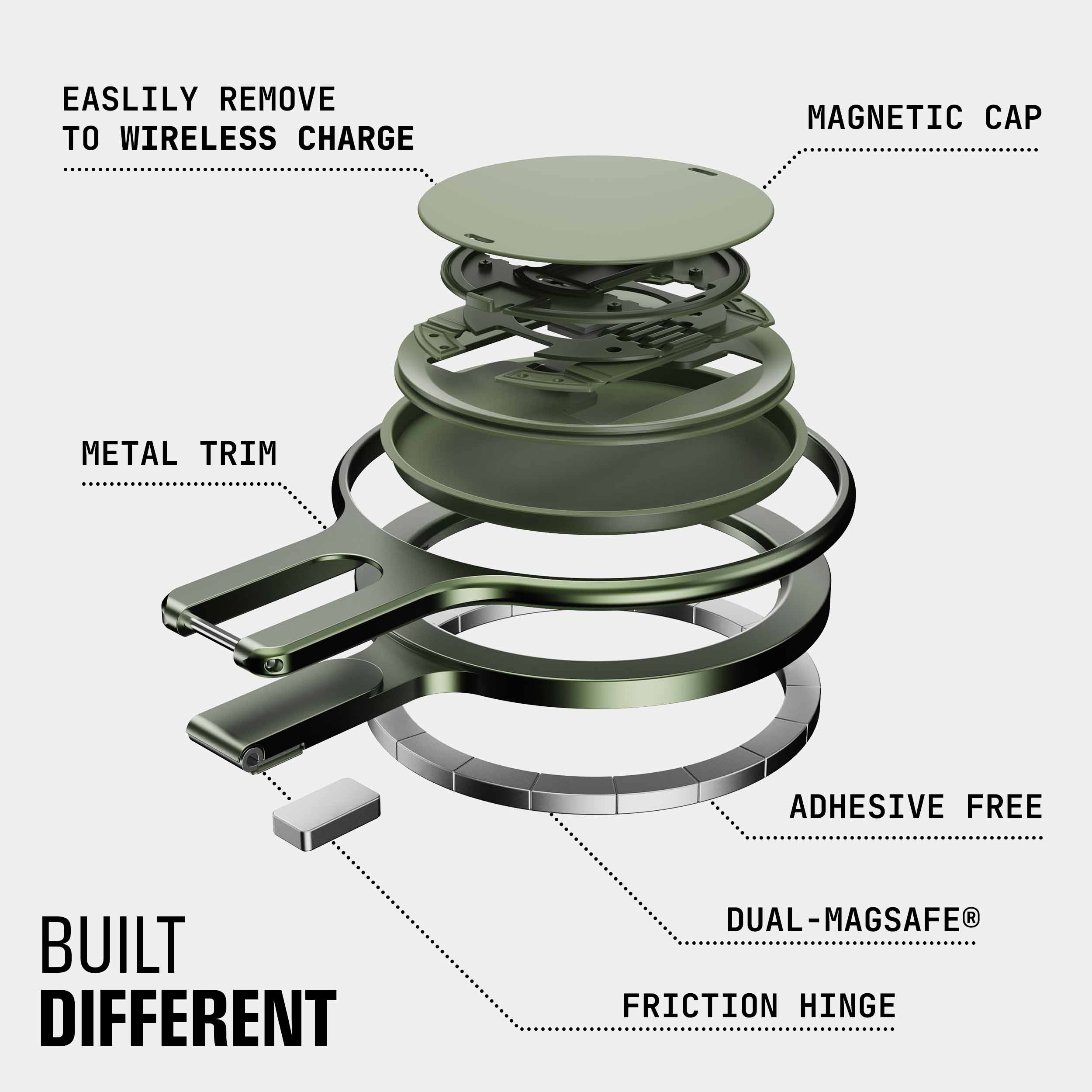 Exploded view of the Snap Grip Stand showing components like a magnetic cap, metal trim, and friction hinge.