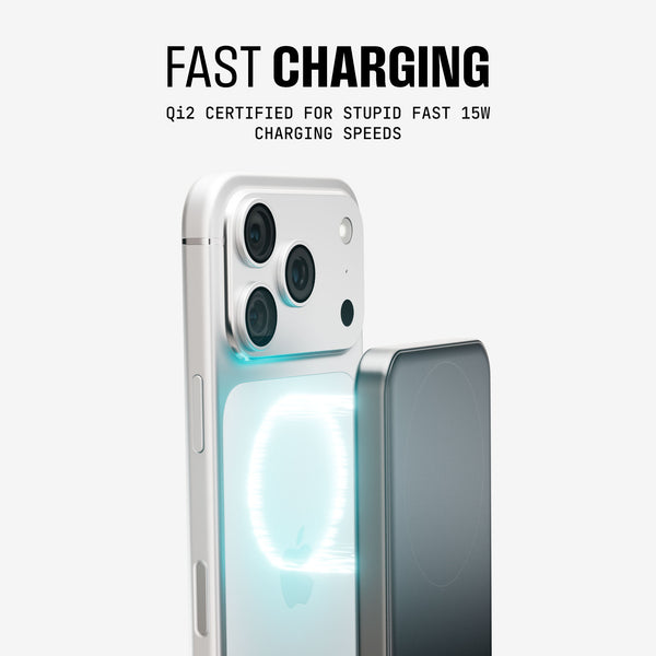 Magnetic wireless charger attached to a smartphone, displaying a glowing charging indicator.