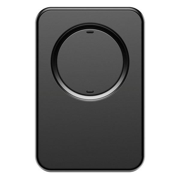 Black wallet with a circular magnetic attachment area on the front and a smooth surface.