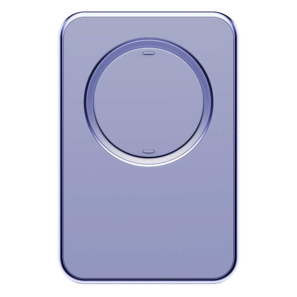 Purple wallet with a circular magnetic attachment on the front for securing a smartphone.