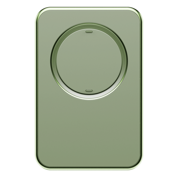 Green wallet with a circular magnetic attachment on the front.