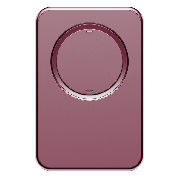 Compact wallet in a deep burgundy color with a circular magnetic attachment on the front.