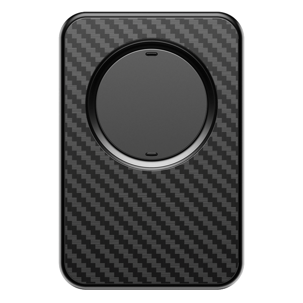 Black wallet with a textured carbon fiber design and a circular magnetic attachment on the front.