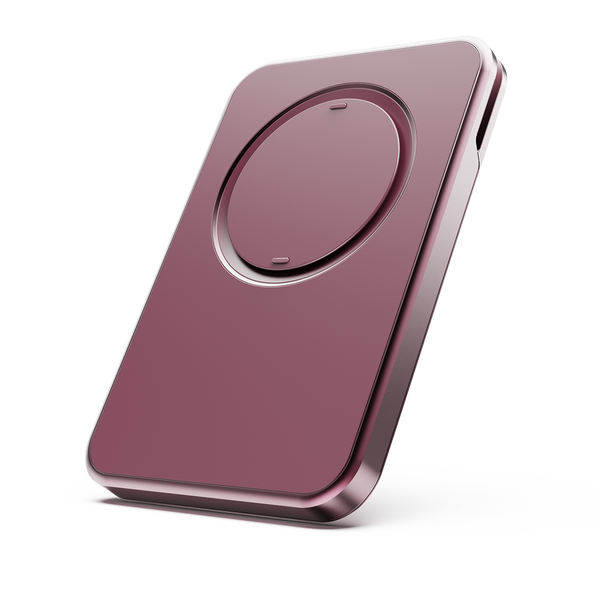 Compact wallet in a burgundy color with a circular magnetic attachment on the front.