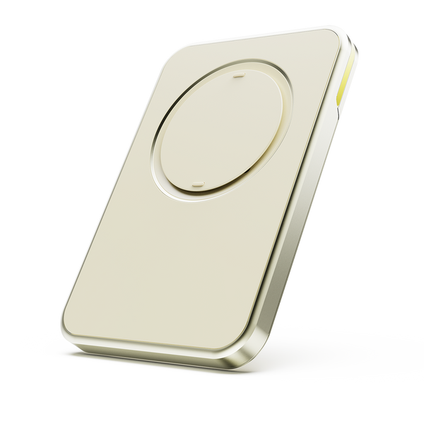 Slim, rectangular wallet in a light color with a circular grip area on the front.