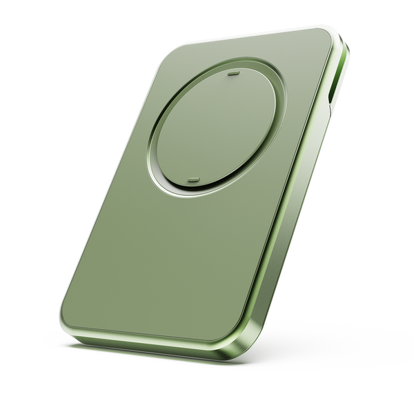 Green wallet with a circular grip area, featuring a sleek, minimalist design and rounded edges.