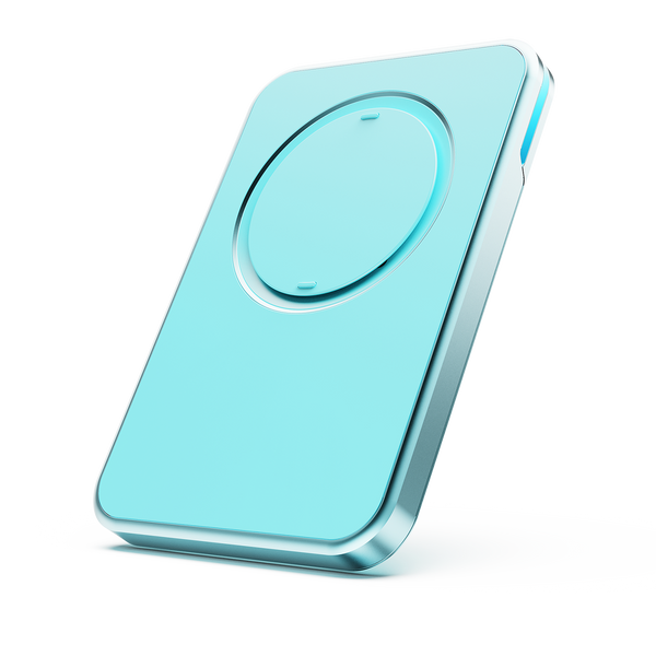 A turquoise wallet with a circular grip area and a sleek, rounded design.