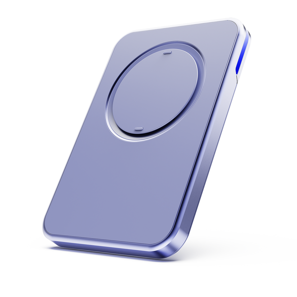 Purple wallet with a circular grip area and a slim design, featuring a side edge for easy handling.