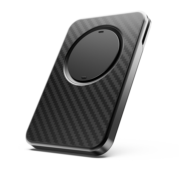 Slim black wallet with a carbon fiber texture and a circular magnetic attachment area.