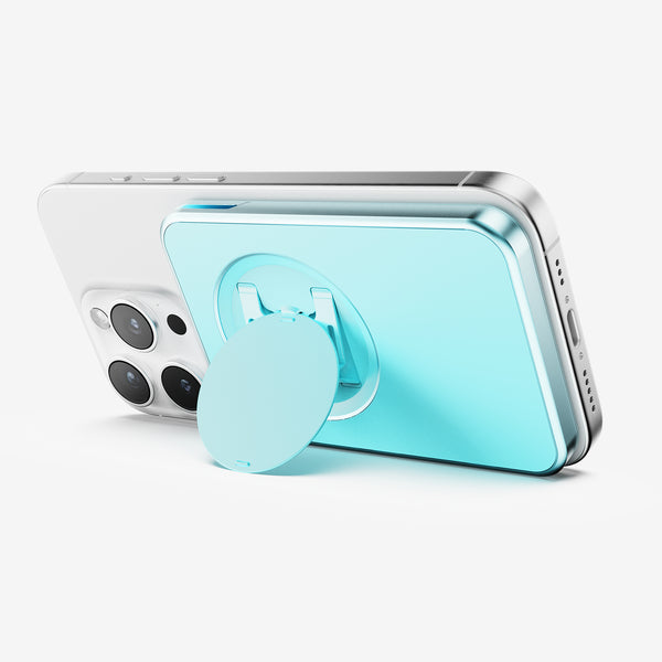 A light blue wallet attachment is mounted on the back of a smartphone, featuring a circular grip.