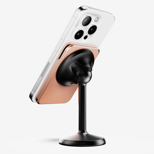 Wallet attached to a smartphone, mounted on a black stand, showcasing a sleek design.