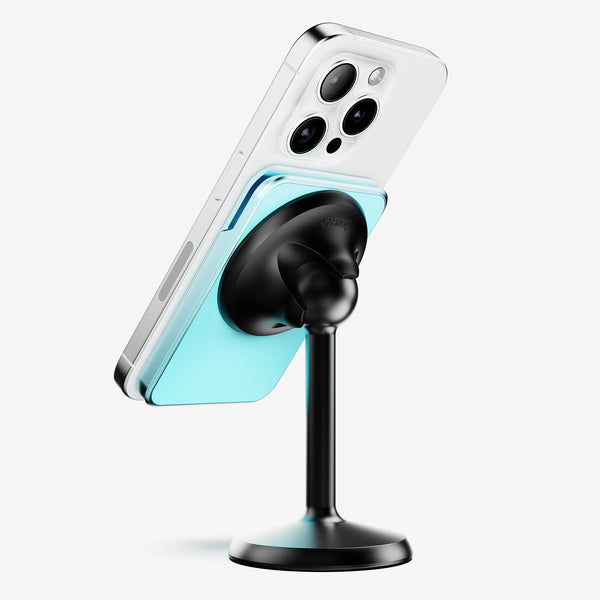 Wallet attached to a smartphone, mounted on a black stand, with a light blue wallet design.