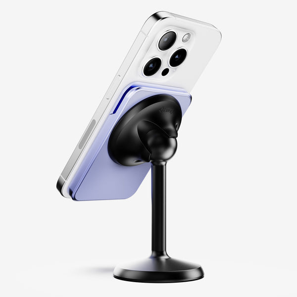 Wallet attached to a smartphone, mounted on a black stand, displaying a lavender color.