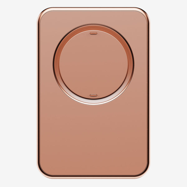 Rose gold wallet with a circular magnetic attachment area and a small charging port at the bottom.