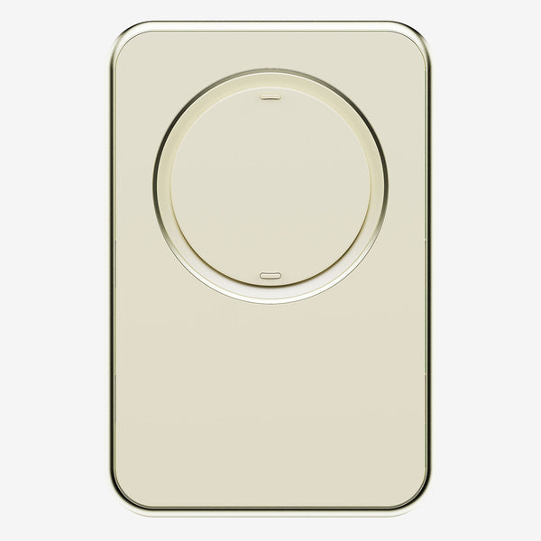 Light-colored wallet with a circular magnetic attachment and a small charging port at the bottom.